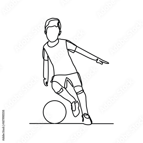 Continuous line happy kids playing football game sport. Single line sketch drawing editable stroke vector illustration