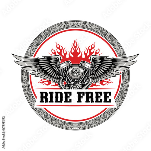 A powerful motorcycle engine emblem with wings and flames. Ride Free.