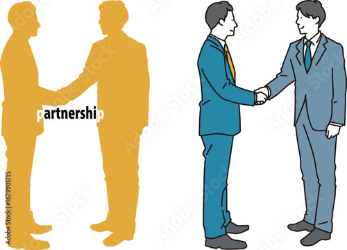 握手をする若い男性ビジネスマンの全身イラスト素材