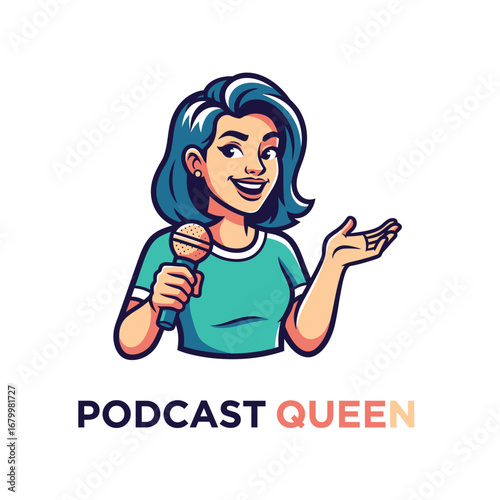 A fun, colorful logo featuring a woman podcast host.