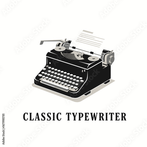 Image of a classic black typewriter with paper. Retro style.