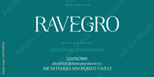 Ravegro Fashion font alphabet. Minimal modern urban fonts for logo, brand etc. Typography typeface uppercase lowercase and number. vector illustration