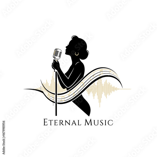 Elegant silhouette of a female singer with a vintage microphone, musical notes, and sound waves.  A timeless music logo.
