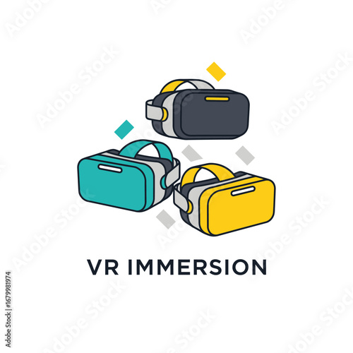 Three colorful VR headsets symbolize immersive virtual reality experiences.