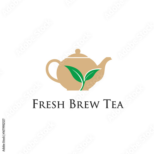 A simple logo design for a tea company. It features a beige teapot with green leaves.