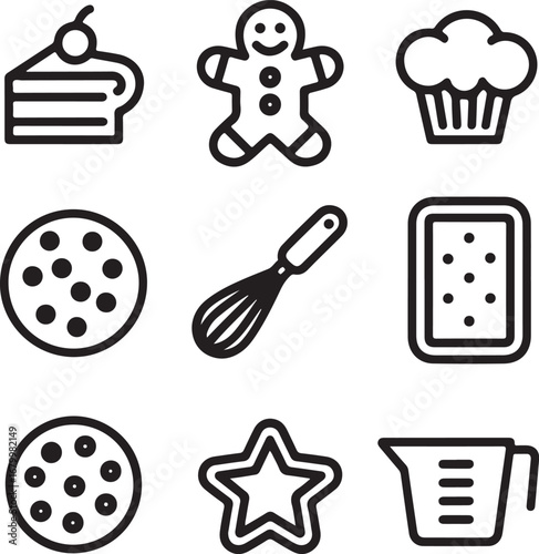Seasonal Treats Vector Icons Collection Cake Slice, Gingerbread Man, Muffin, Cookie, Whisk, Baking Sheet, Star Cookie, and Measuring Cup