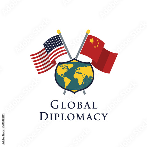 Image depicting US and China flags crossed over a world map, symbolizing global diplomacy and international relations.