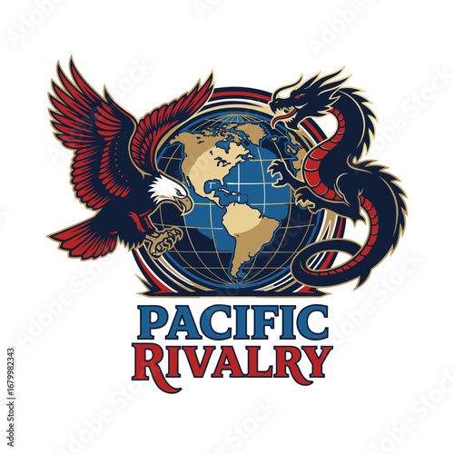 Eagle and dragon facing off around the globe, symbolizing Pacific rivalry.