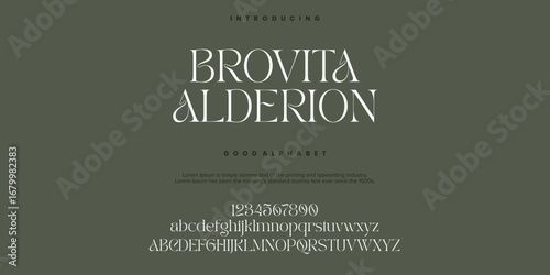 Brovita Alderion font alphabet. Minimal modern urban fonts for logo, brand etc. Typography typeface uppercase lowercase and number. vector illustration