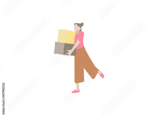 Vector illustration of a woman holding several boxes, symbolizing moving, delivery, shopping, or logistics
