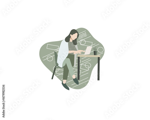 Vector illustration of a woman typing on laptop with abstract background, symbolizing creativity, design, or learning