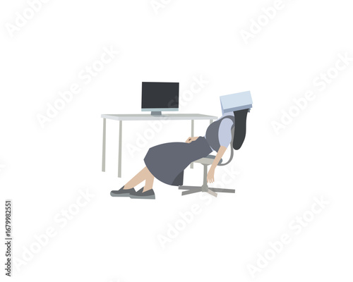 Vector illustration of a tired woman at her desk with computer, symbolizing stress, burnout, or overwork