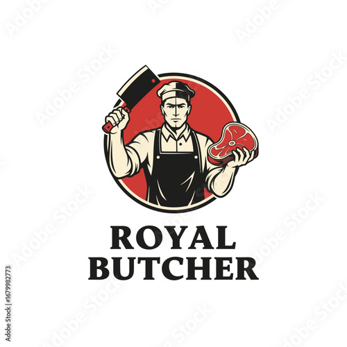 A vintage-style logo for a butcher shop, featuring a strong man holding a cleaver and a steak.