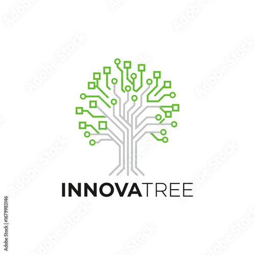 Innovative tech tree logo. Green and gray circuit tree design.