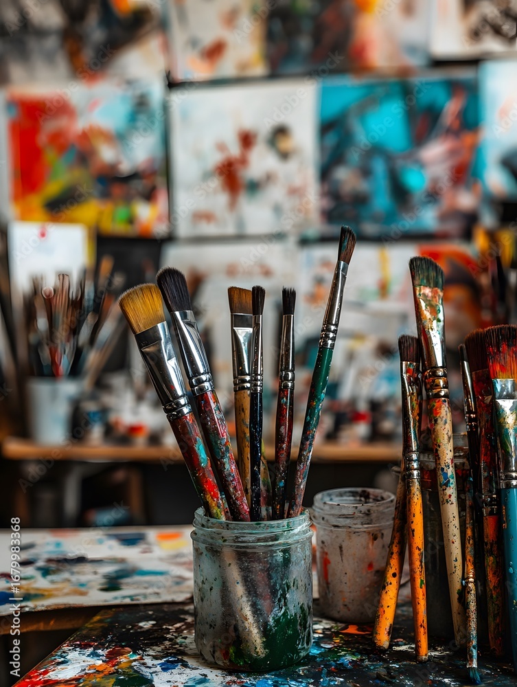 Fototapeta premium Colorful Art Studio: Paint Brushes, Supplies, and Creative Workspace for Vibrant Artistic Expression