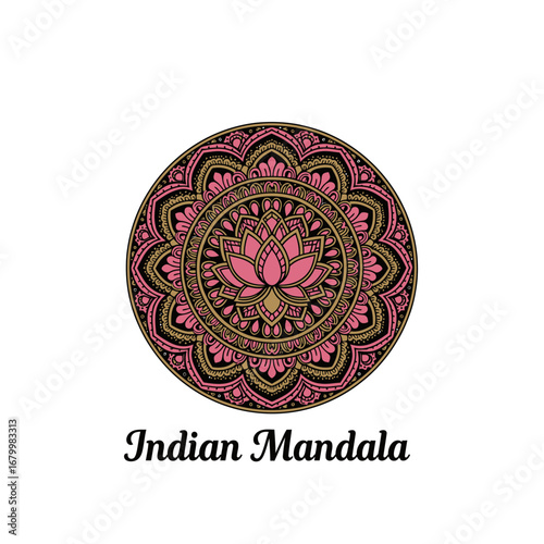 Beautiful Indian mandala with a pink lotus flower in the center.