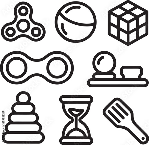 Sensory Toys Outline Icons Set Fidget Spinner, Stress Ball, Puzzle Cube, Pop It Toy, Stacking Rings, Sand Timer, and Therapy Tools
