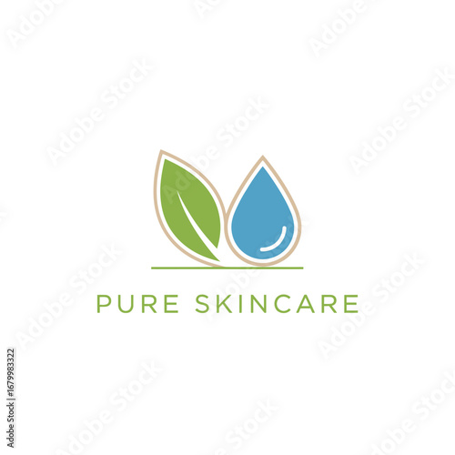 A minimalist logo for Pure Skincare, featuring leaves and a water drop, symbolizing natural and hydrating beauty products.