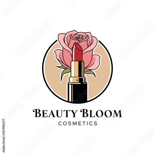 A logo for Beauty Bloom Cosmetics featuring a lipstick and a rose.