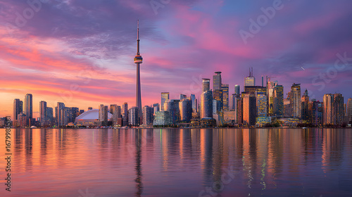 Toronto skyline at sunset, reflecting in calm water, showcasing iconic CN Tower.