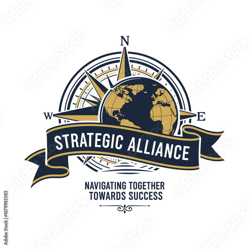 A logo depicting a compass and globe symbolizing strategic alliance and global success.