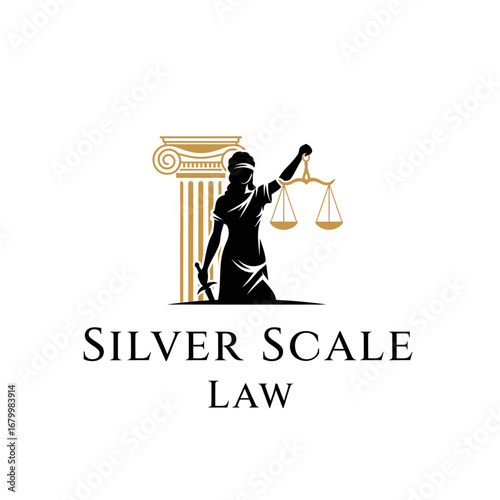 Logo design for Silver Scale Law. Features Lady Justice, scales, and a pillar.