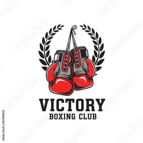 A logo for a boxing club, featuring red boxing gloves and a laurel wreath.