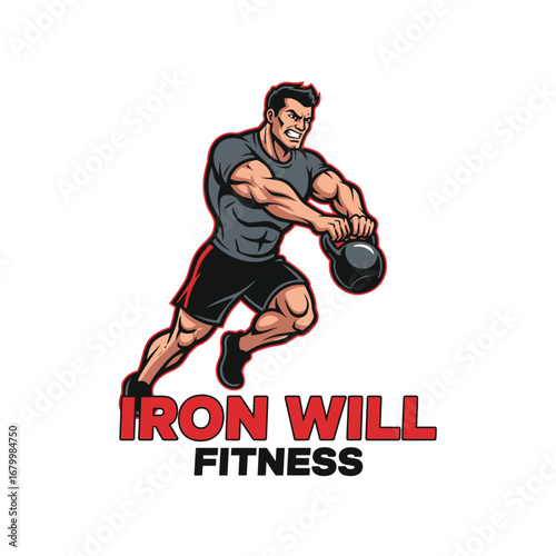 Iron Will Fitness logo featuring a muscular man powerfully swinging a kettlebell.