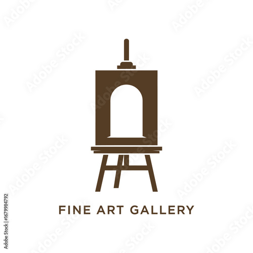 A minimalist logo for a fine art gallery, featuring a brown easel and canvas.