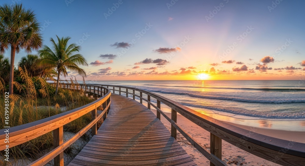 Obraz premium Sunrise boardwalk on a tropical beach