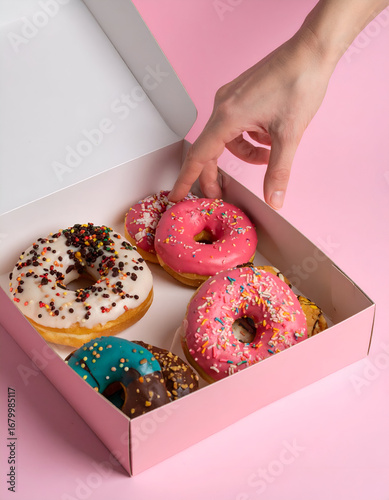 Wallpaper Mural Hand reaching into a pink box filled with an assortment of colorful, sprinkled donuts on a vibrant pink background. Tempting sweet treats for a celebration. Torontodigital.ca