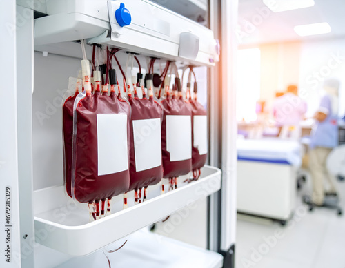 Wallpaper Mural Rows of blood bags ready for transfusion in a hospital, with blurred medical staff in the background. Essential for healthcare, donation, and life-saving treatments. Torontodigital.ca