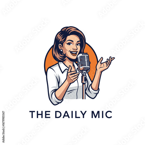 A lively logo design showcasing a woman happily speaking into a vintage microphone.