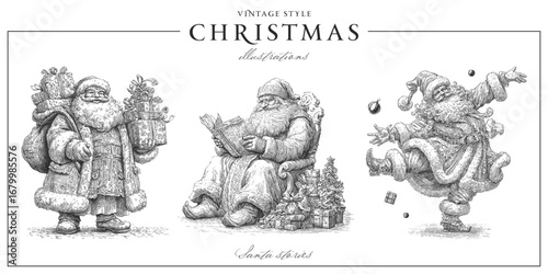 Set of traditional European Christmas scenes with Santa. Vintage engraving or ink drawing style vector illustration.