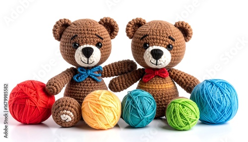 Two crocheted teddy bears with colorful yarn balls