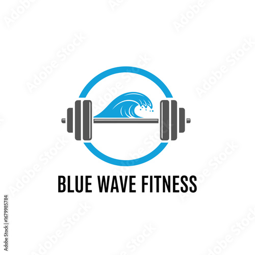 Blue Wave Fitness logo. Barbell with a wave.