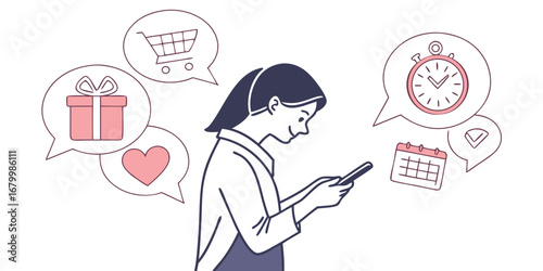 Simple vector icon illustration set of a smartphone and a young woman, Minimalist illustration of woman using smartphone with app icons