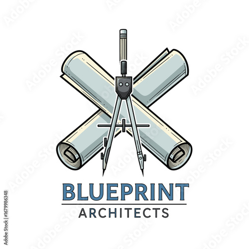 Blueprint Architects logo, pencil, and blueprints.