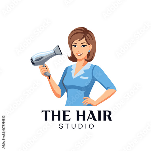 A vibrant logo for a hair studio, featuring a smiling female hairdresser holding a hair dryer.