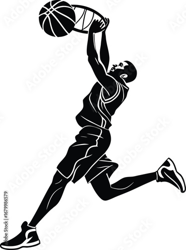 Dynamic basketball player slam dunk silhouette flat icon design