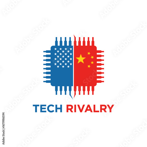 Illustrative graphic depicting US-China tech rivalry using a split microchip design.