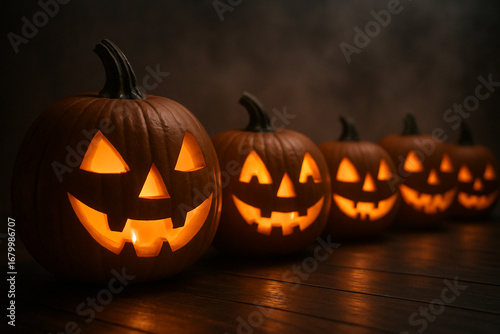 Wallpaper Mural Halloween carved pumpkins glowing with candlelight on wooden surface Torontodigital.ca