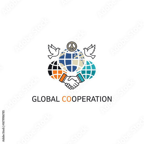 Illustrative logo depicting global cooperation through a handshake, doves, and peace symbol.