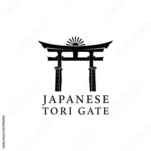 A minimalist graphic design of a traditional Japanese torii gate with a rising sun.