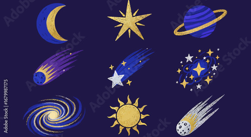 Illustration of celestial bodies: moon, stars, planets, comets, galaxy, and sun on a dark blue background.