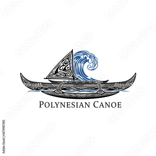 Polynesian canoe design with tribal art and wave.