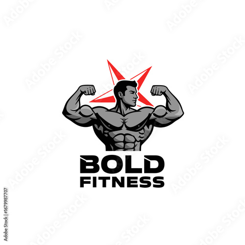 A powerful fitness logo featuring a muscular man and a star.