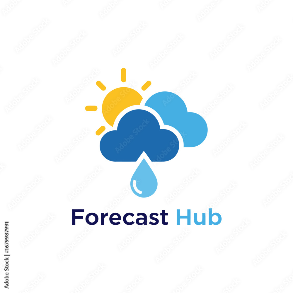 Obraz premium A vibrant logo for Forecast Hub, featuring a sun, clouds, and a rain drop.