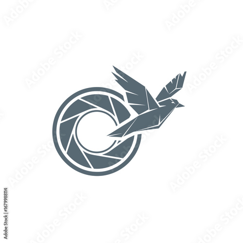 Wildlife photography logo design featuring a bird in flight around a camera aperture.