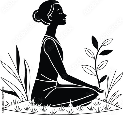 Serene meditating person silhouette flat design icon for wellness and mindfulness